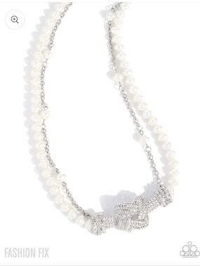 Select Sass Paparazzi White Pearl and Silver Knot Necklace